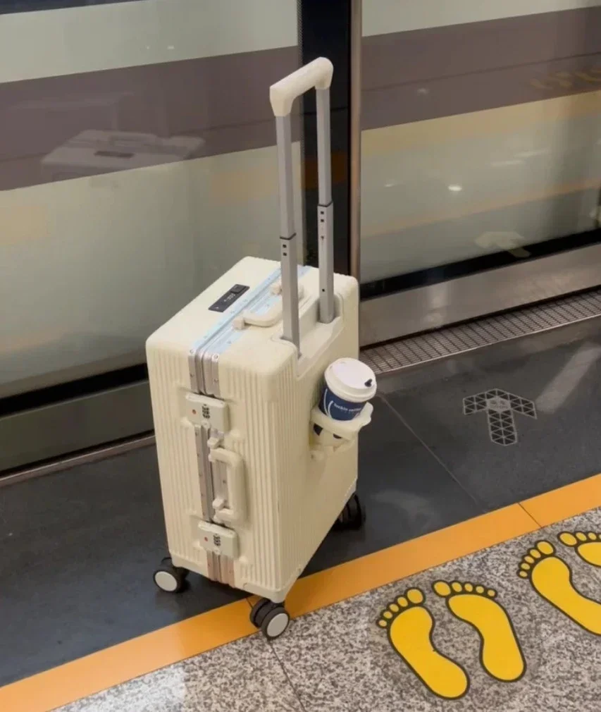 Front Opening Large Capacity Rolling Luggage Case Aluminum Frame Trolley Case Boarding Suitcase With cup holders