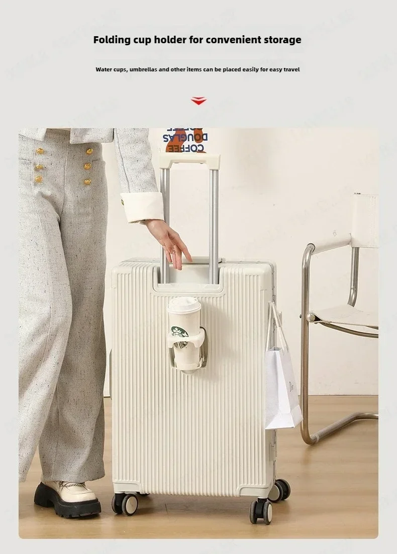 Front Opening Large Capacity Rolling Luggage Case Aluminum Frame Trolley Case Boarding Suitcase With cup holders