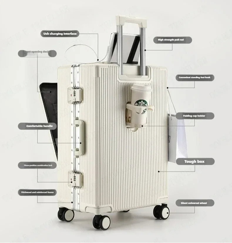 Front Opening Large Capacity Rolling Luggage Case Aluminum Frame Trolley Case Boarding Suitcase With cup holders