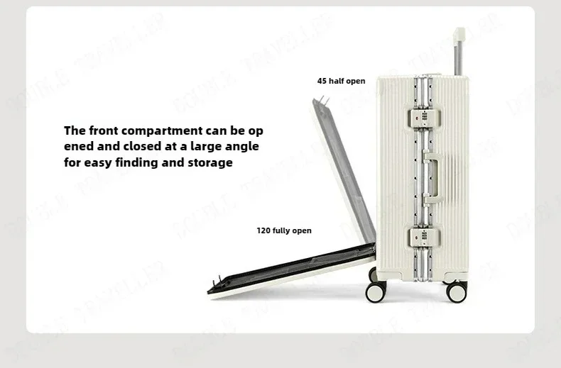 Front Opening Large Capacity Rolling Luggage Case Aluminum Frame Trolley Case Boarding Suitcase With cup holders