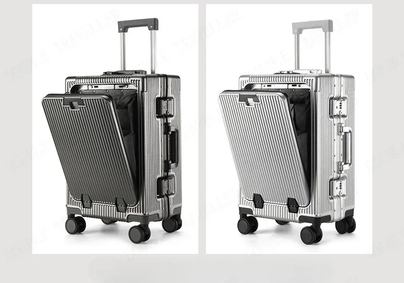 Front Opening Large Capacity Rolling Luggage Case Aluminum Frame Trolley Case Boarding Suitcase With cup holders