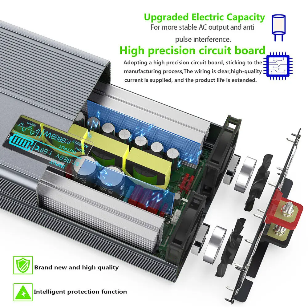 8000W Solar Power Inverter DC 12V/24V to AC 230V Pure Sine Wave Inverter Converter with RC and Dual USB Car Charge Inverter