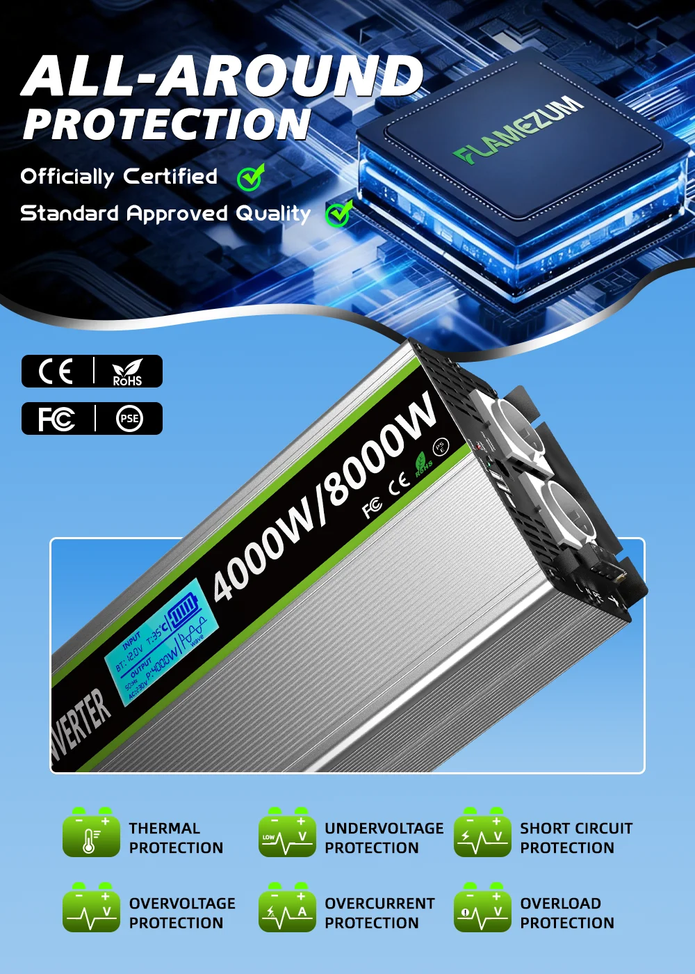 8000W Solar Power Inverter DC 12V/24V to AC 230V Pure Sine Wave Inverter Converter with RC and Dual USB Car Charge Inverter