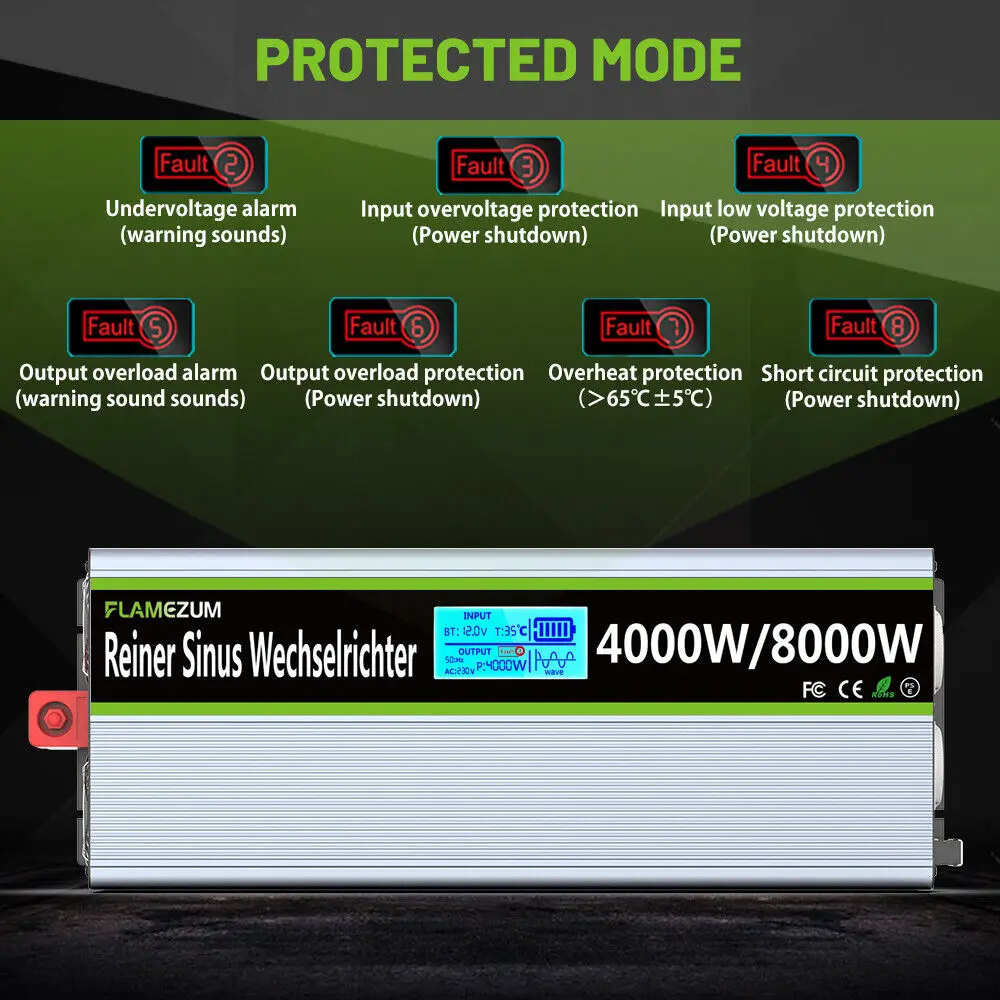 8000W Solar Power Inverter DC 12V/24V to AC 230V Pure Sine Wave Inverter Converter with RC and Dual USB Car Charge Inverter