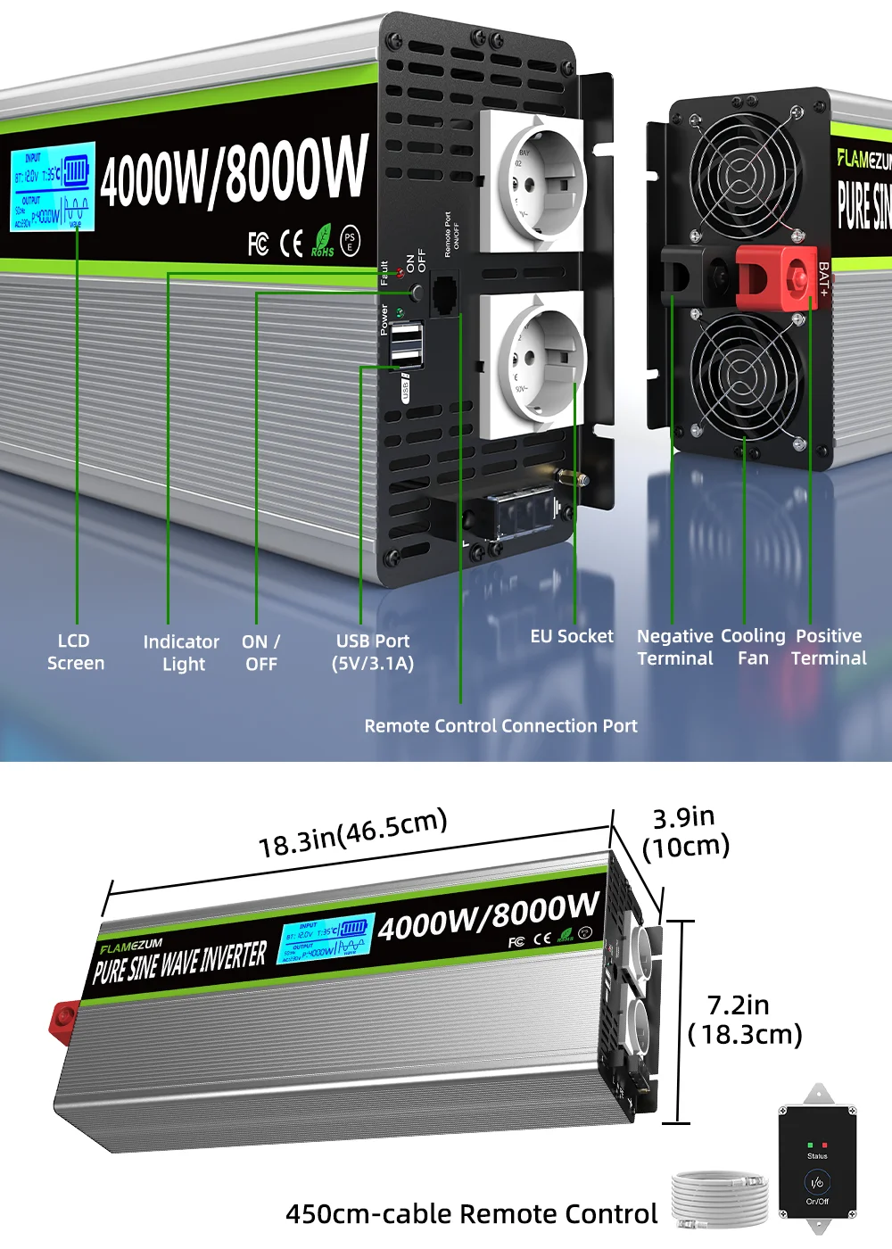 8000W Solar Power Inverter DC 12V/24V to AC 230V Pure Sine Wave Inverter Converter with RC and Dual USB Car Charge Inverter