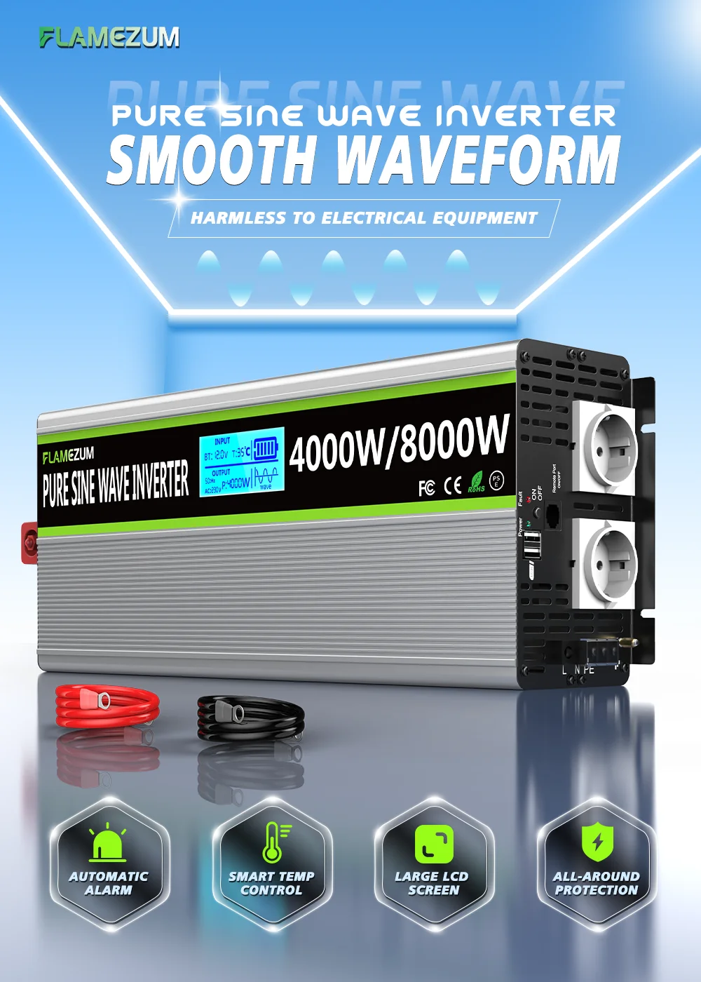 8000W Solar Power Inverter DC 12V/24V to AC 230V Pure Sine Wave Inverter Converter with RC and Dual USB Car Charge Inverter