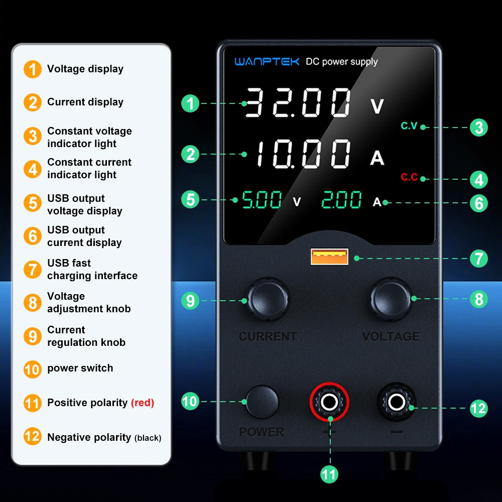 Wanptek Laboratory Power Supply 30V 5A 30V 10A 60V 5A 120V 3A  Adjustable with USB Output Display Lab Bench DC Power Supply