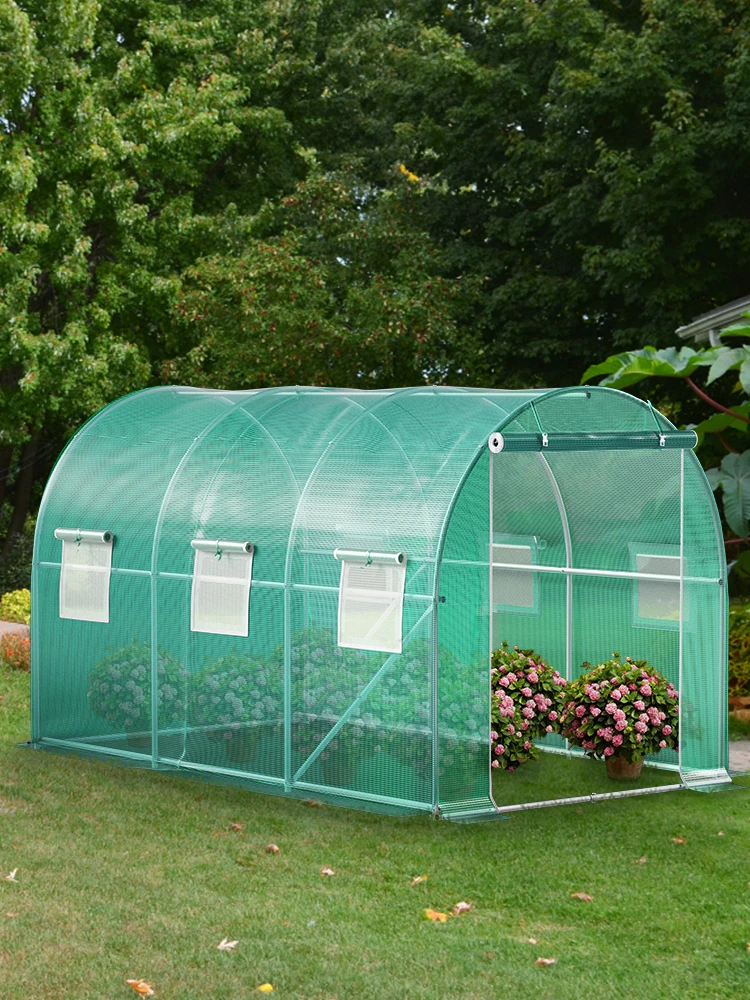 SucceBuy 12x7x7 ft Walk-in Tunnel Greenhouse Portable Plant Hot House with Galvanized Steel Hoops 1 Top Beams 2 Diagonal Poles
