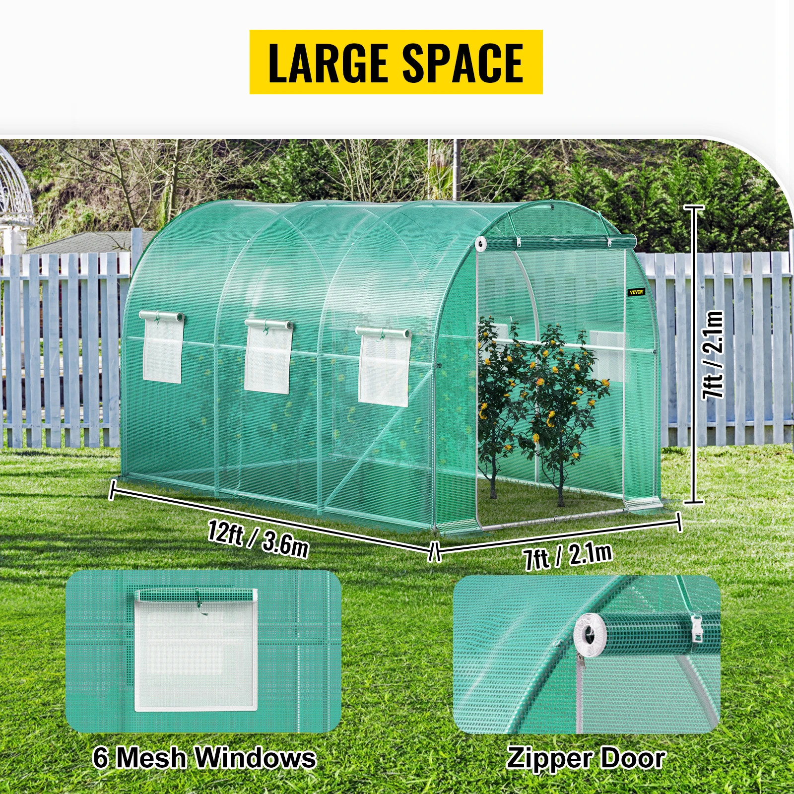 SucceBuy 12x7x7 ft Walk-in Tunnel Greenhouse Portable Plant Hot House with Galvanized Steel Hoops 1 Top Beams 2 Diagonal Poles