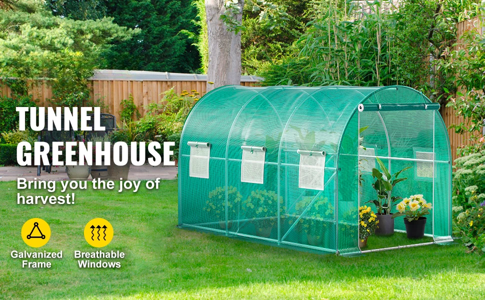 SucceBuy 12x7x7 ft Walk-in Tunnel Greenhouse Portable Plant Hot House with Galvanized Steel Hoops 1 Top Beams 2 Diagonal Poles