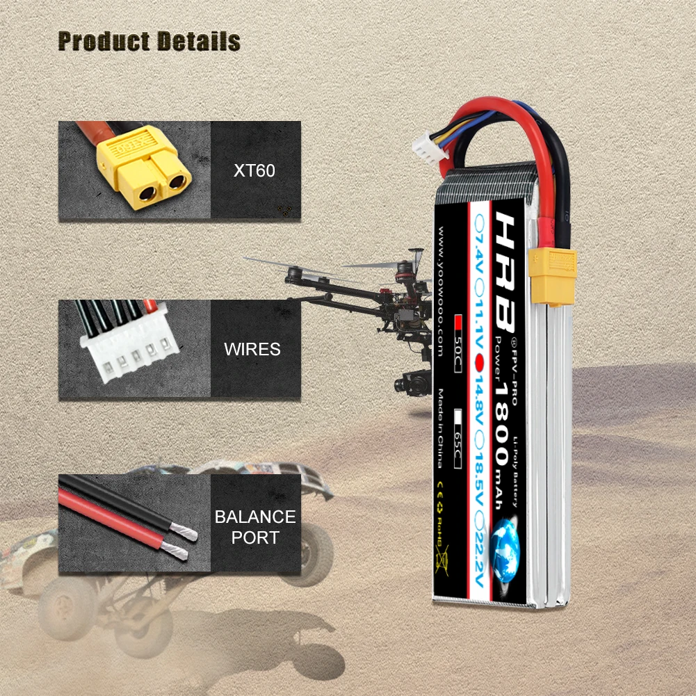 1/2PC HRB 4S Lipo Battery 14.8v 1800mah RC Lipo 50C with XT60 Connector for UAU airplane fpv drones RC Truck Car Monster RC Boat