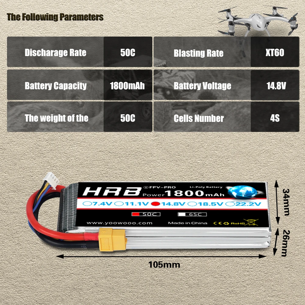 1/2PC HRB 4S Lipo Battery 14.8v 1800mah RC Lipo 50C with XT60 Connector for UAU airplane fpv drones RC Truck Car Monster RC Boat