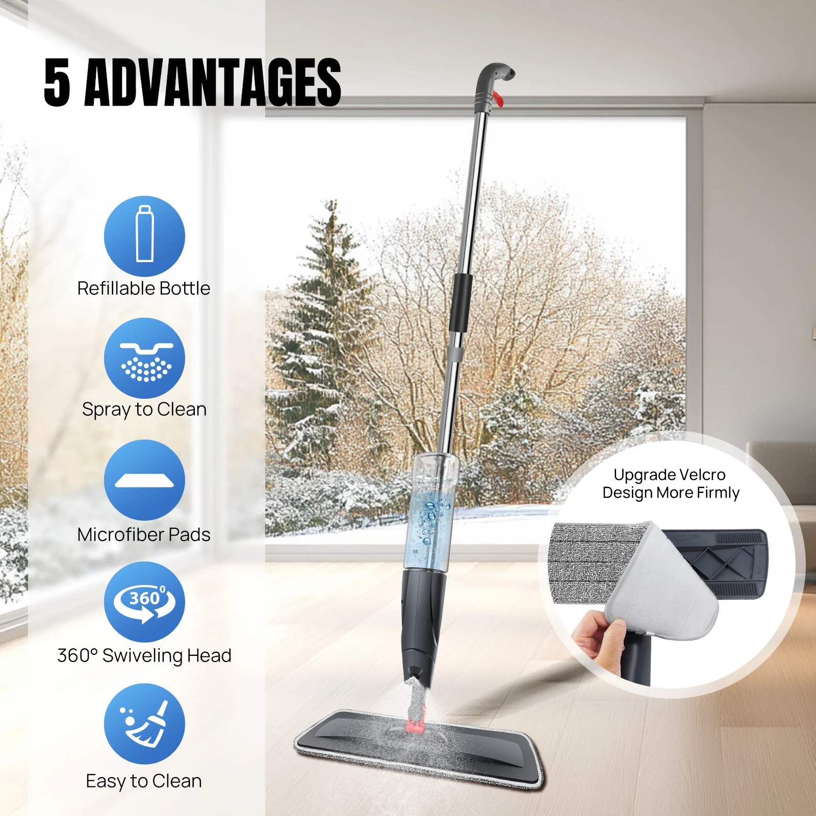 Spray Mop Broom Set Magic Flat Mops for Floor Home Cleaning Household Tool with Reusable Microfiber Pads 360° Rotating, 700ml