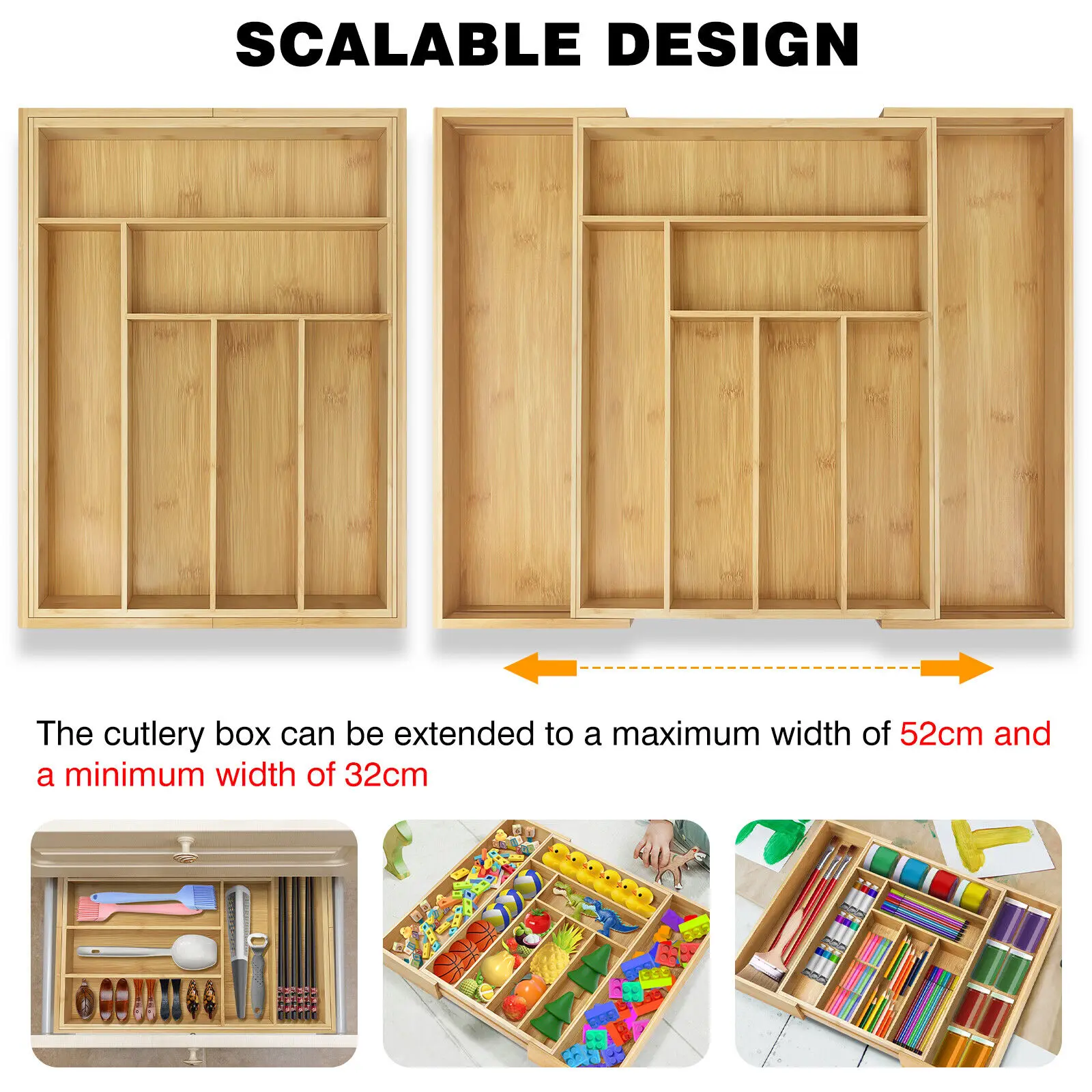VickyHome Utensil Tray,Cutlery Tray Organizer for Kitchen,Wooden Utensil Drawer Organizer,8 Compartment Expandable Cutlery Tray