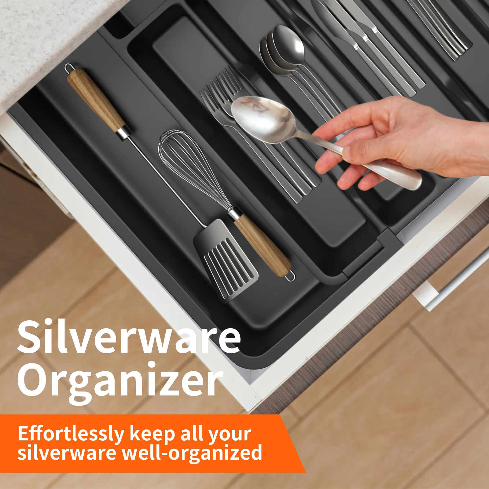 VickyHome Utensil Tray,Cutlery Tray Organizer for Kitchen,Wooden Utensil Drawer Organizer,8 Compartment Expandable Cutlery Tray
