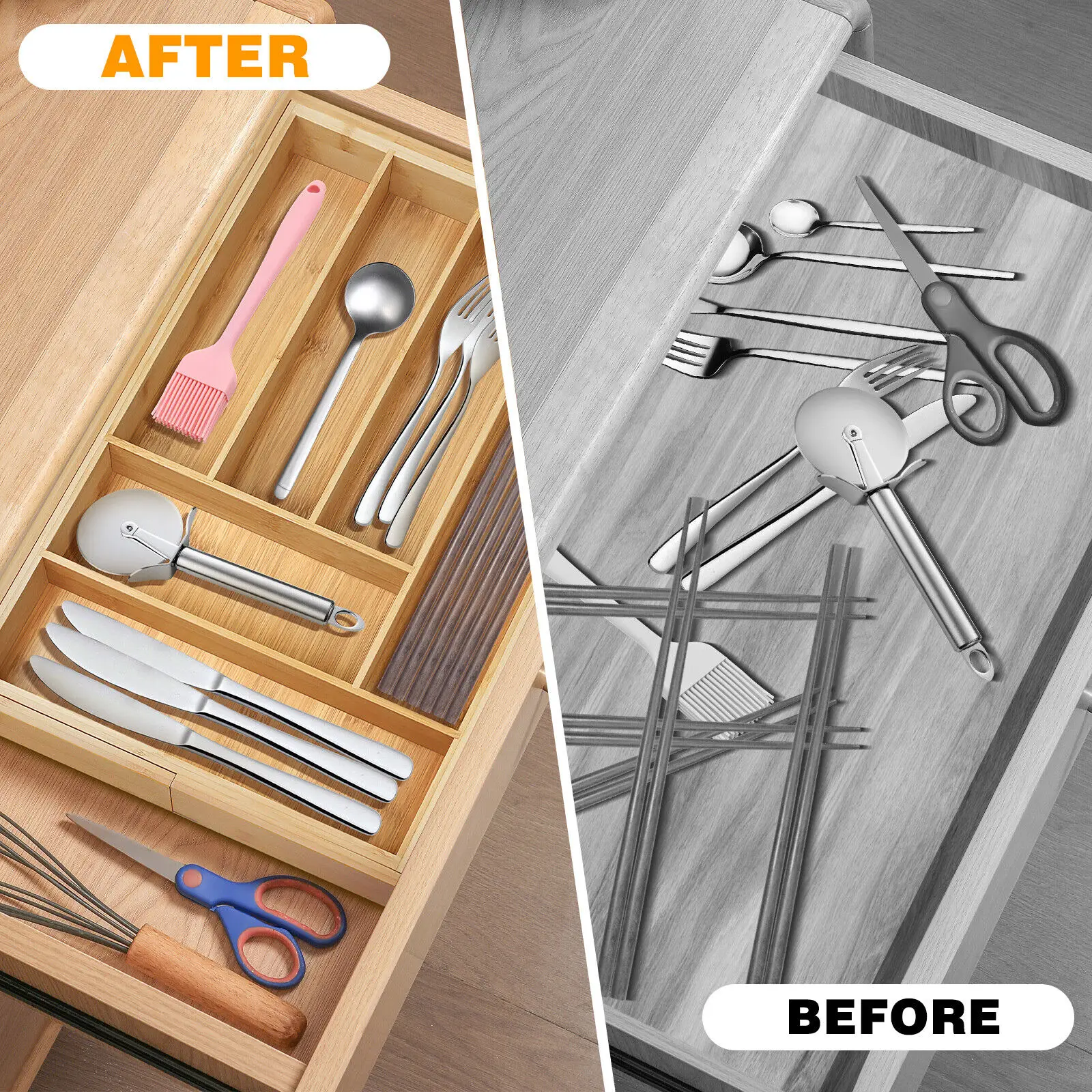 VickyHome Utensil Tray,Cutlery Tray Organizer for Kitchen,Wooden Utensil Drawer Organizer,8 Compartment Expandable Cutlery Tray