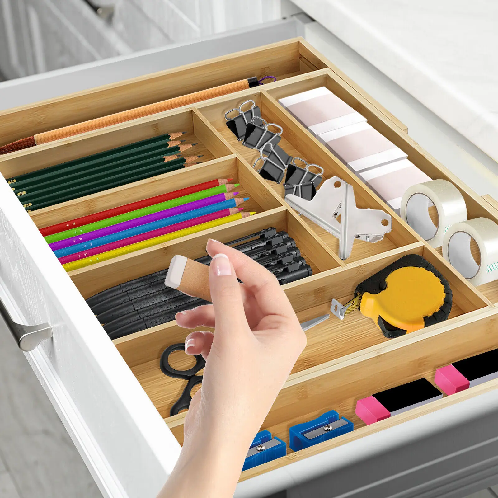 VickyHome Utensil Tray,Cutlery Tray Organizer for Kitchen,Wooden Utensil Drawer Organizer,8 Compartment Expandable Cutlery Tray