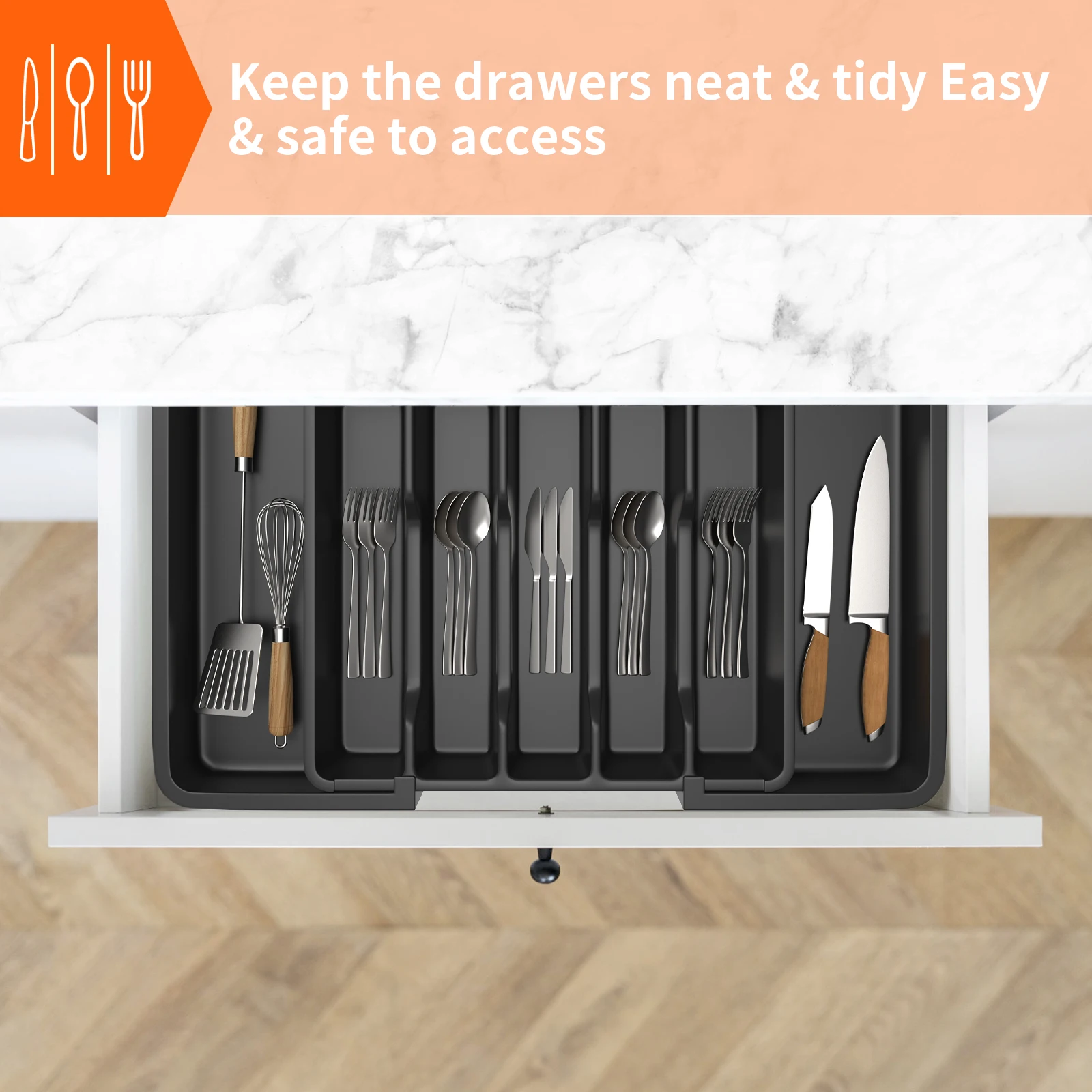 VickyHome Utensil Tray,Cutlery Tray Organizer for Kitchen,Wooden Utensil Drawer Organizer,8 Compartment Expandable Cutlery Tray