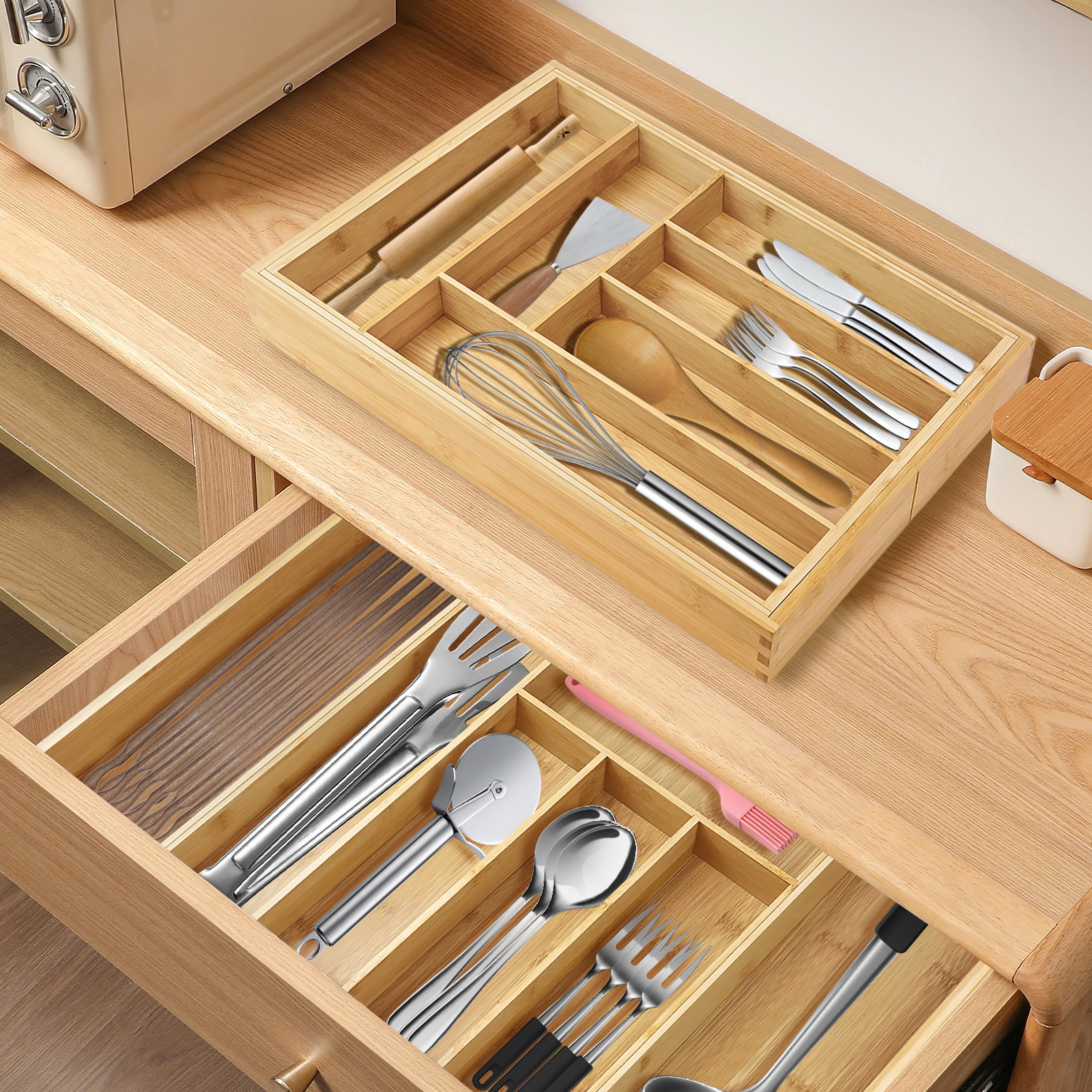 VickyHome Utensil Tray,Cutlery Tray Organizer for Kitchen,Wooden Utensil Drawer Organizer,8 Compartment Expandable Cutlery Tray