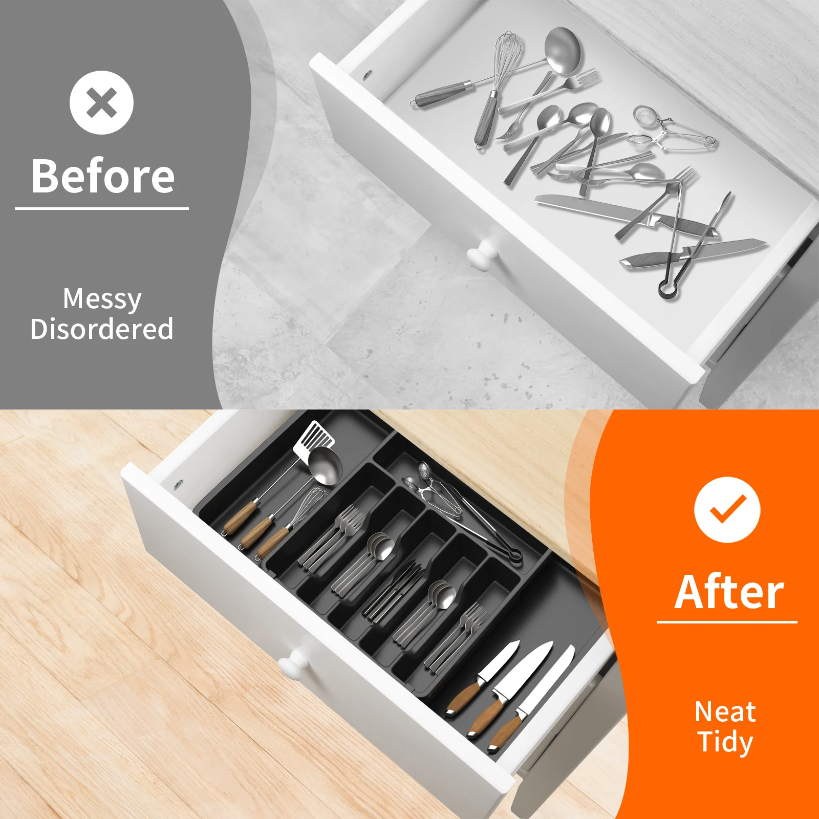 VickyHome Utensil Tray,Cutlery Tray Organizer for Kitchen,Wooden Utensil Drawer Organizer,8 Compartment Expandable Cutlery Tray