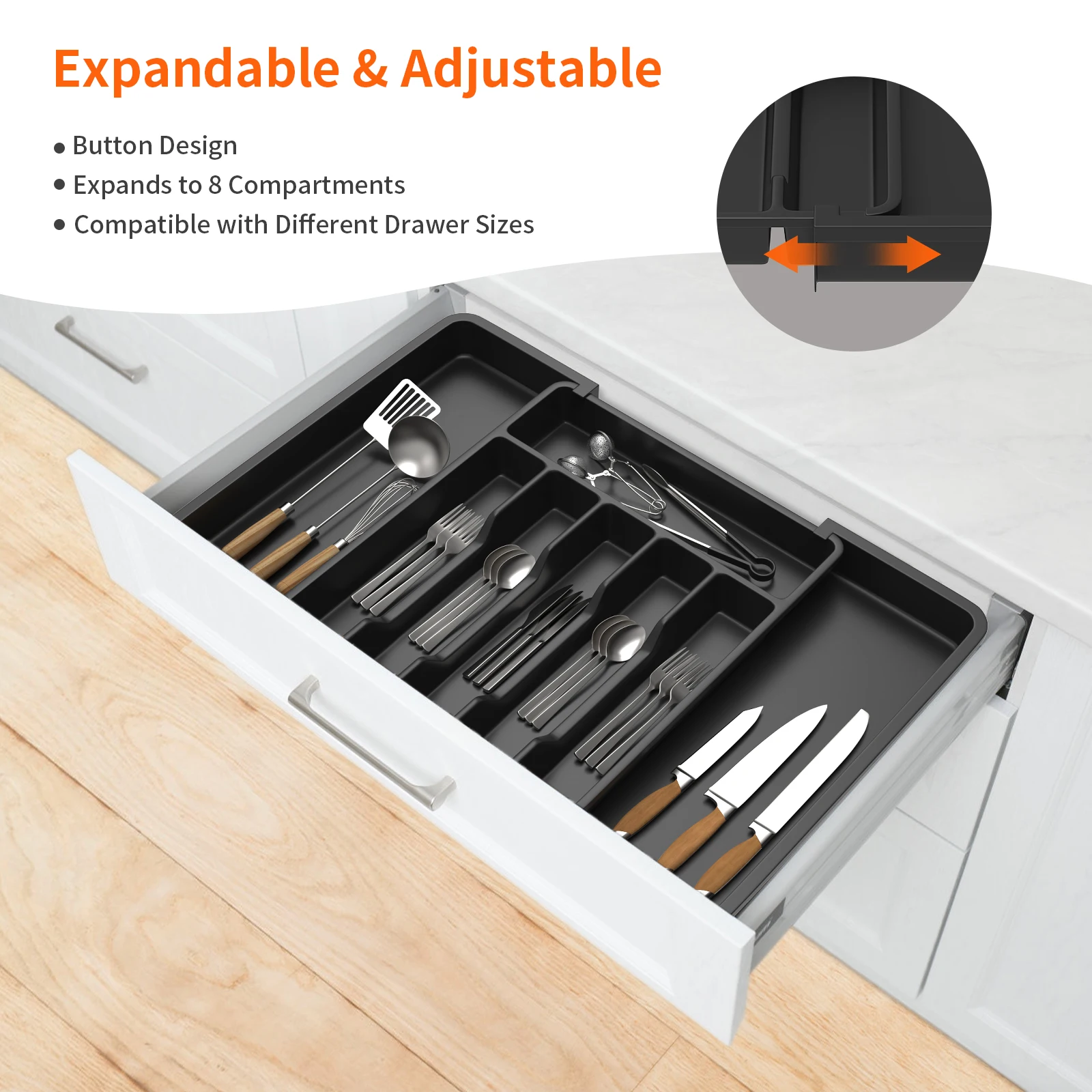 VickyHome Utensil Tray,Cutlery Tray Organizer for Kitchen,Wooden Utensil Drawer Organizer,8 Compartment Expandable Cutlery Tray