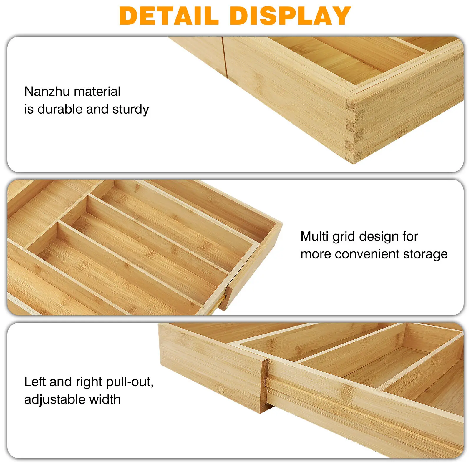 VickyHome Utensil Tray,Cutlery Tray Organizer for Kitchen,Wooden Utensil Drawer Organizer,8 Compartment Expandable Cutlery Tray