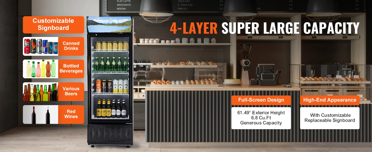 SucceBuy Commercial Merchandiser Refrigerator Beverage Refrigerator Cooler withAdjustable Shelves Customizable Lightbox