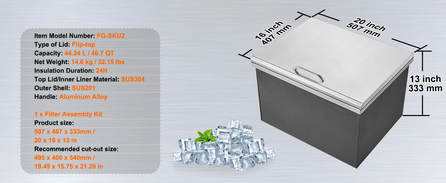 SucceBuy Drop in Ice Chest Stainless Steel Ice Cooler Commercial Ice Bin with Hinged Cover Outdoor Kitchen Ice Bar