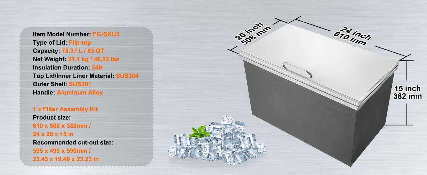 SucceBuy Drop in Ice Chest Stainless Steel Ice Cooler Commercial Ice Bin with Hinged Cover Outdoor Kitchen Ice Bar