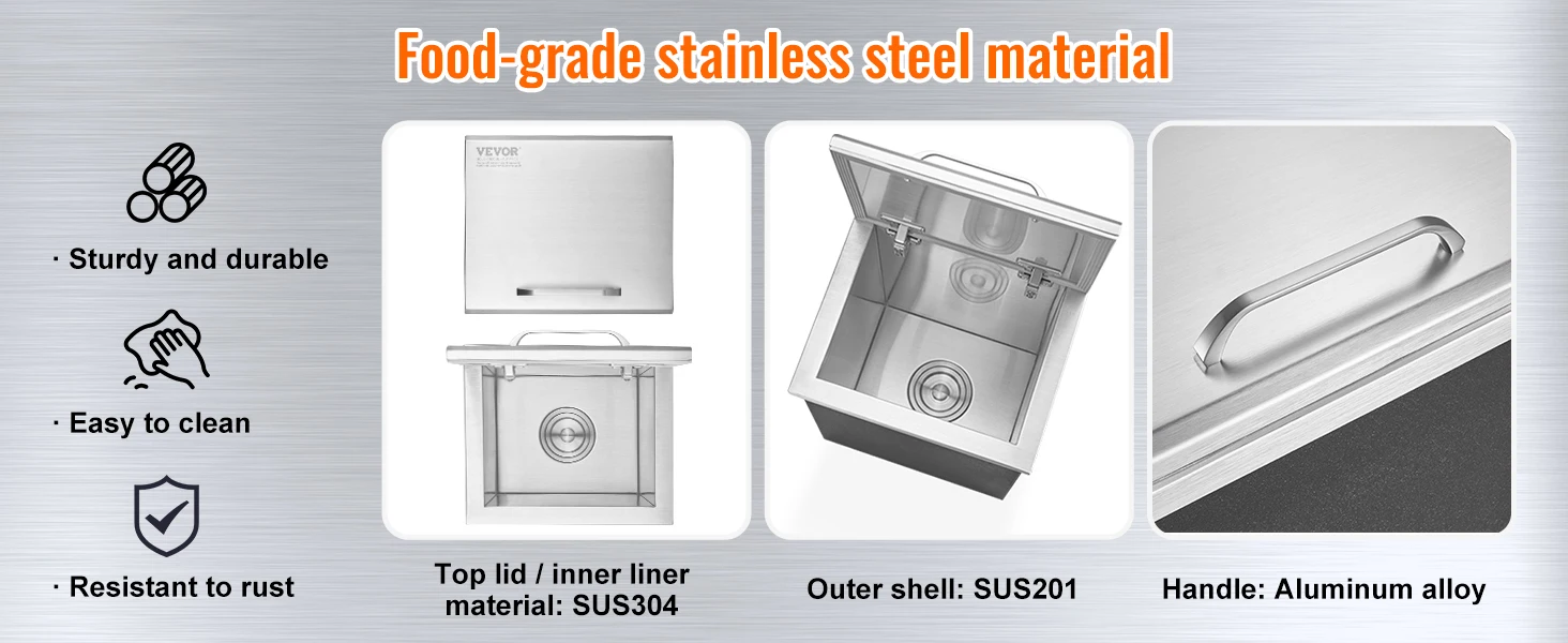 SucceBuy Drop in Ice Chest Stainless Steel Ice Cooler Commercial Ice Bin with Hinged Cover Outdoor Kitchen Ice Bar