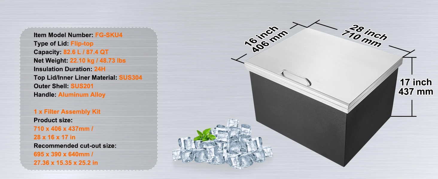 SucceBuy Drop in Ice Chest Stainless Steel Ice Cooler Commercial Ice Bin with Hinged Cover Outdoor Kitchen Ice Bar