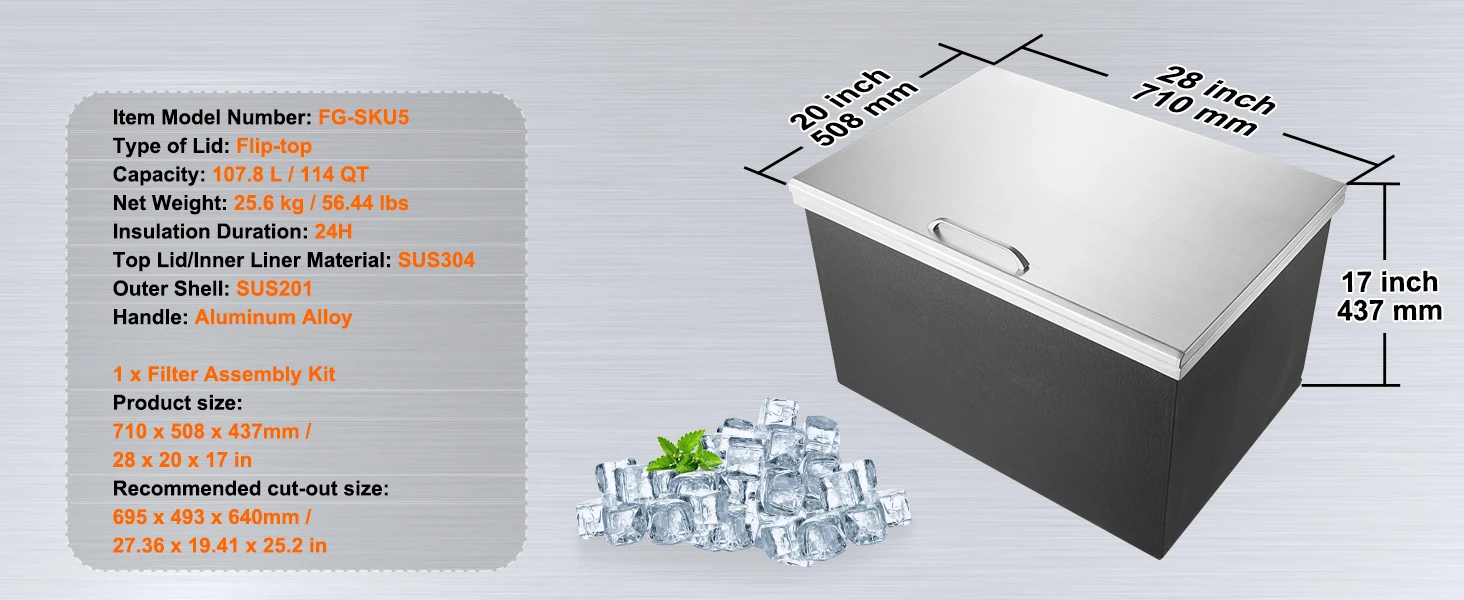 SucceBuy Drop in Ice Chest Stainless Steel Ice Cooler Commercial Ice Bin with Hinged Cover Outdoor Kitchen Ice Bar