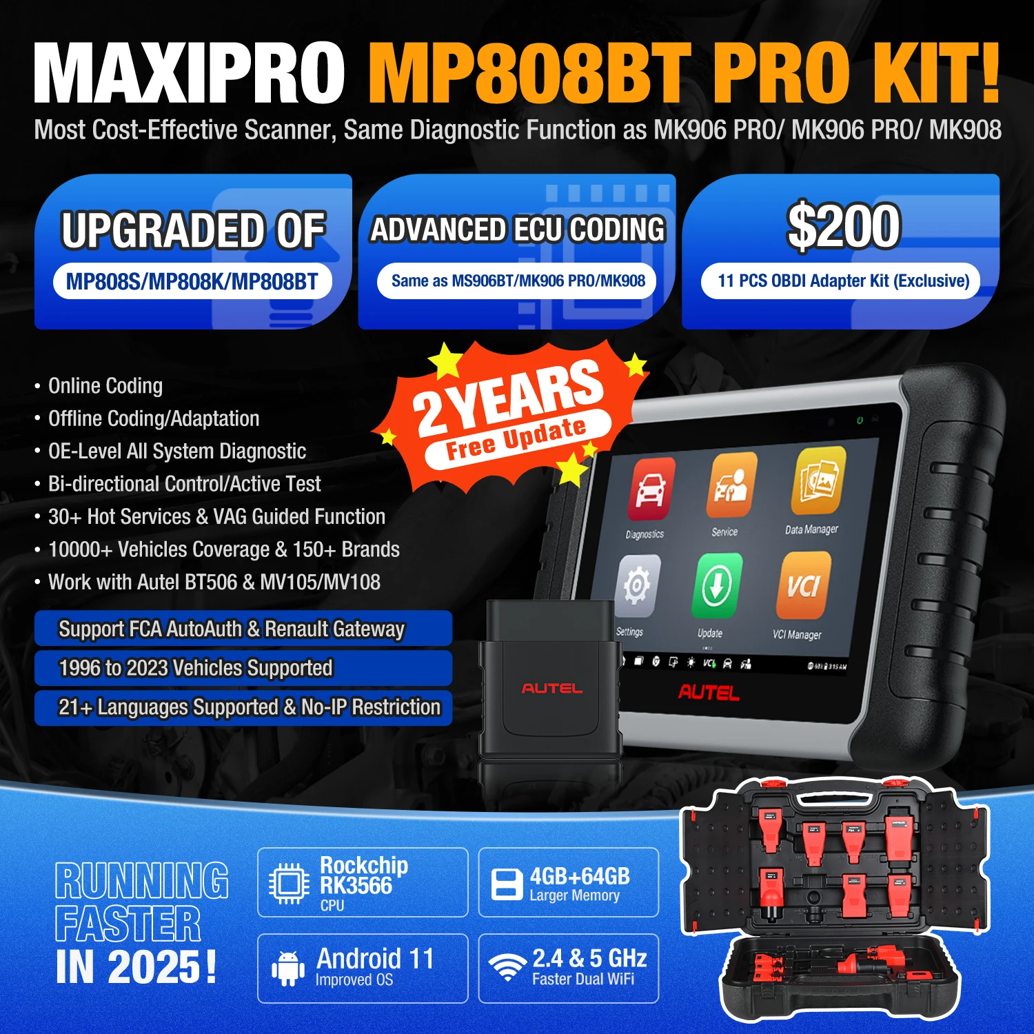 Autel MaxiPRO MP808BT Pro Kit OBD2 Diagnostic Tool ECU Coding Refresh Hidden,VAG Guided,38+ Services Upgrade of MP808S MP808BT