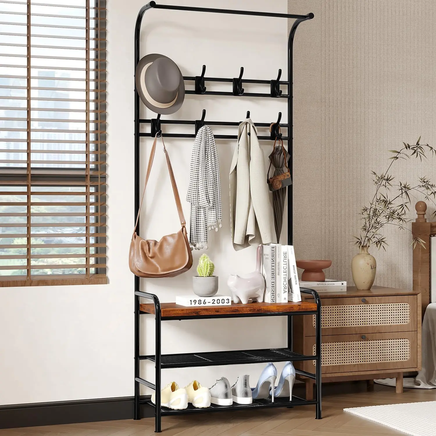 Hall Tree Shoe Bench 4in1 Hall Tree Storage Bench for Entryway 8 Sturdy Hooks Industrial Entryway Bench Freestanding Coat Rack