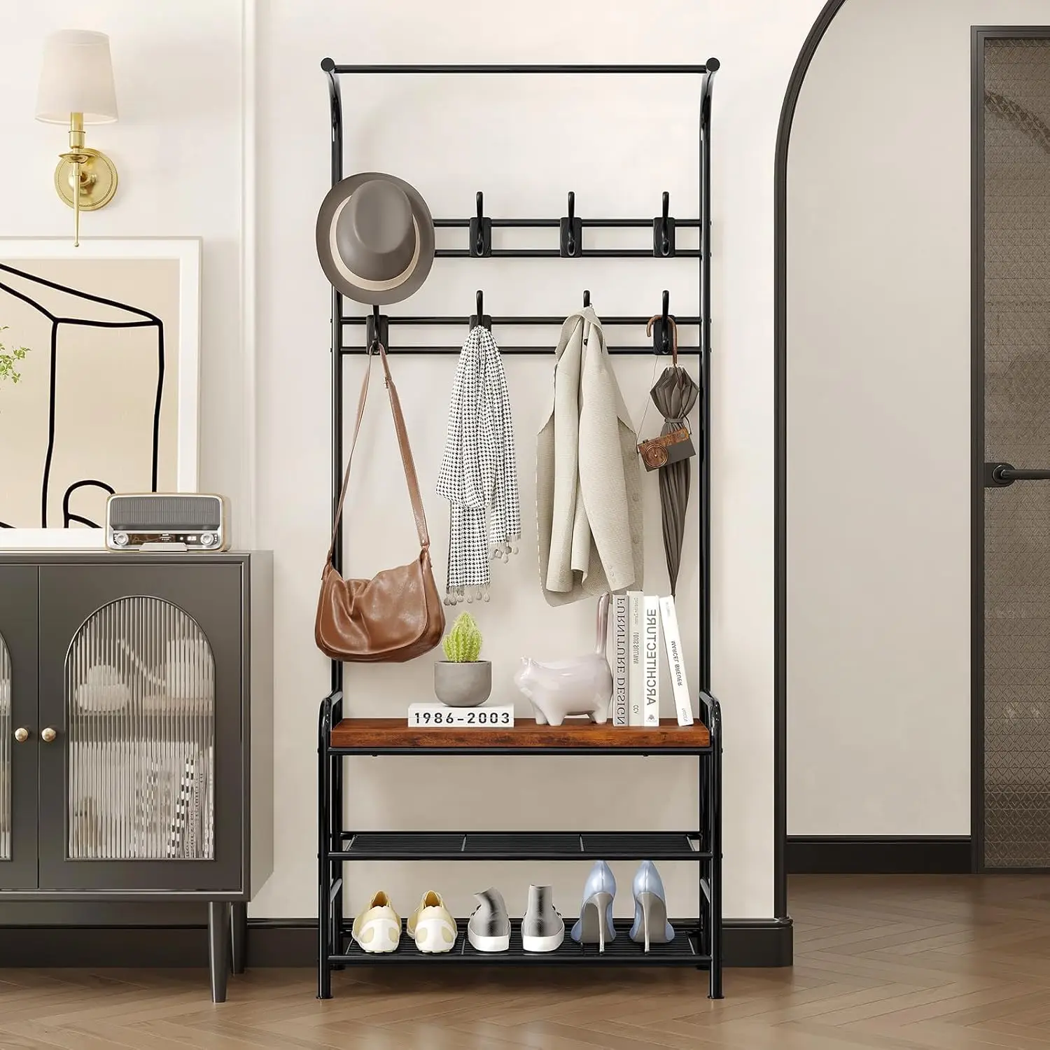 Hall Tree Shoe Bench 4in1 Hall Tree Storage Bench for Entryway 8 Sturdy Hooks Industrial Entryway Bench Freestanding Coat Rack