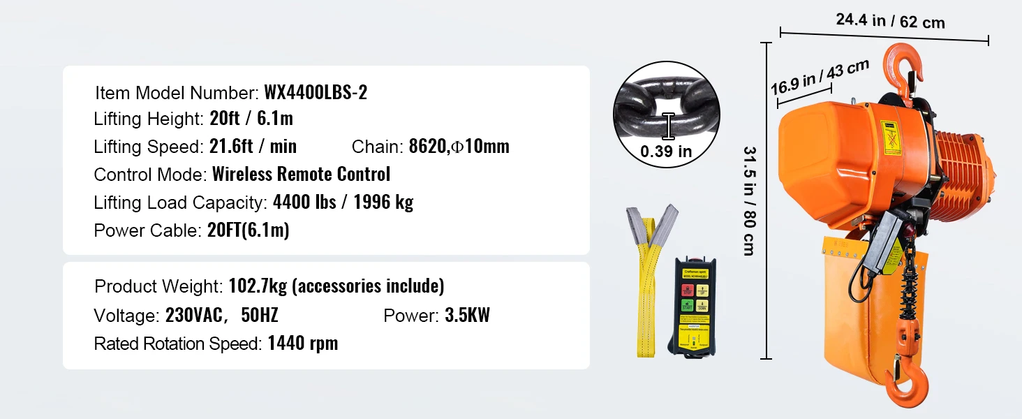 SucceBuy 4400lbs Electric Chain Hoist 21.6 ft/min Three Phase Overhead Crane with G100 Chain Wireless Control for Garage Litfing