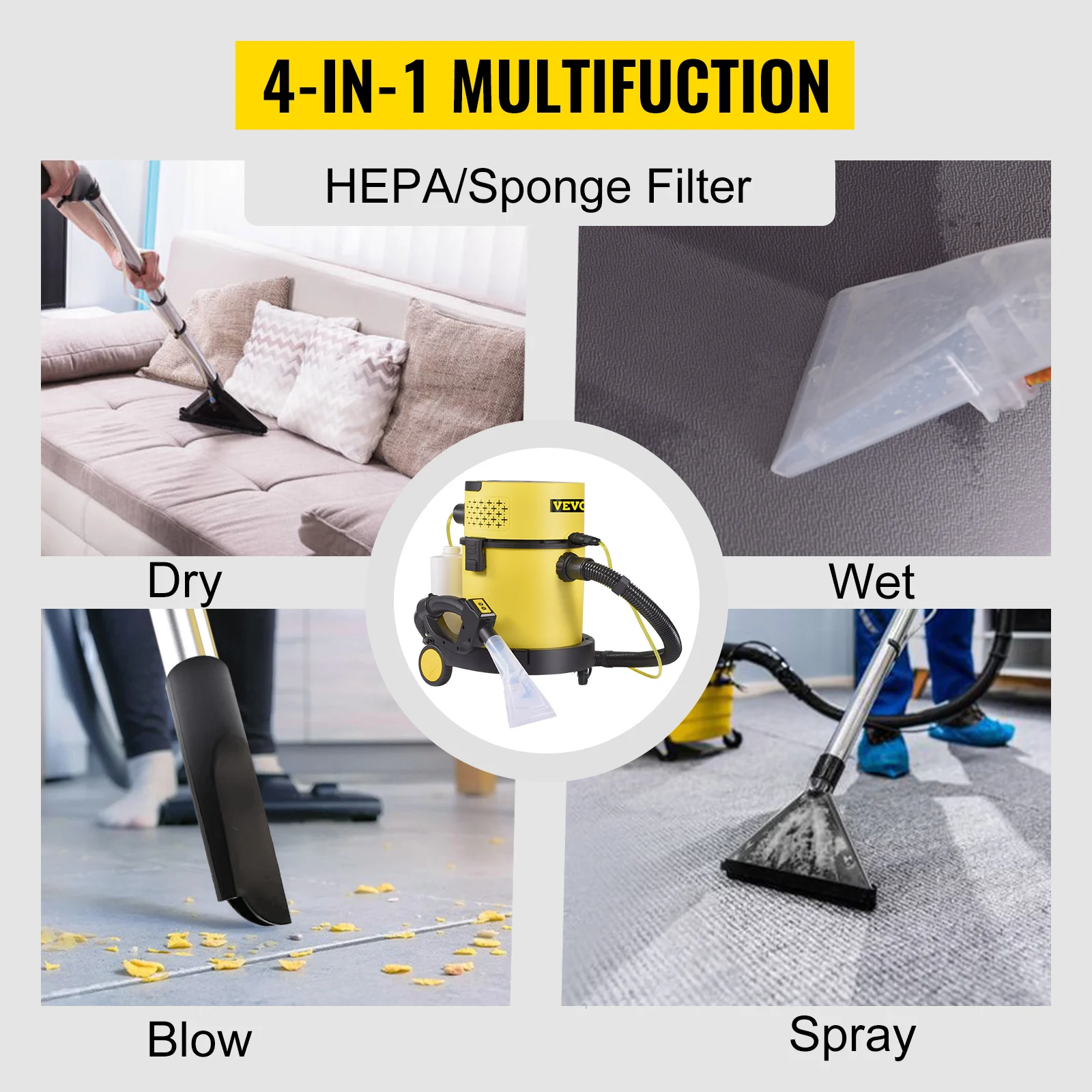 SucceBuy Wet Dry Vacuum Cleaner 5.3 Gallon 2 Peak HP 4-in-1 Portable Shop Vacuum with Blow and Spray Function for Household Car