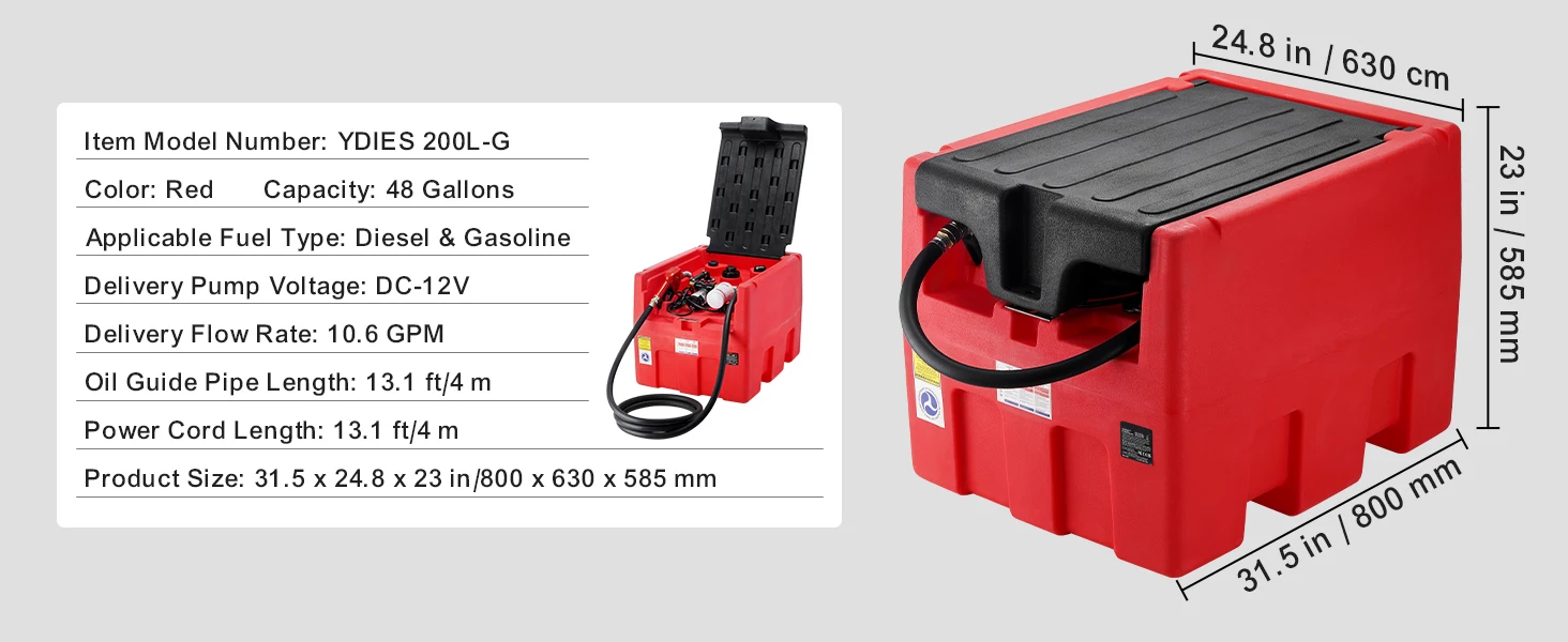 SucceBuy 48 Gal Portable Diesel Fuel Tank 10.6GPM with 12V Electric Pump & Hose Gasoline Transfer Tank for Fuel Transportation