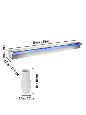 SucceBuy Pool Fountain Stainless Steel Pool Waterfall with LED Strip Light Waterfall Spillway Rectangular Garden Outdoor