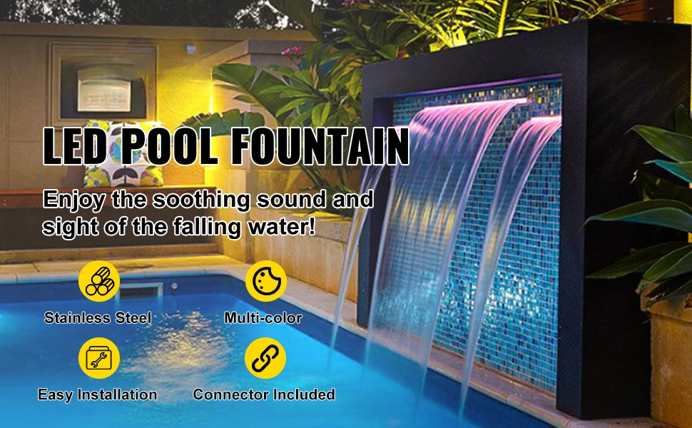 SucceBuy Pool Fountain Stainless Steel Pool Waterfall with LED Strip Light Waterfall Spillway Rectangular Garden Outdoor