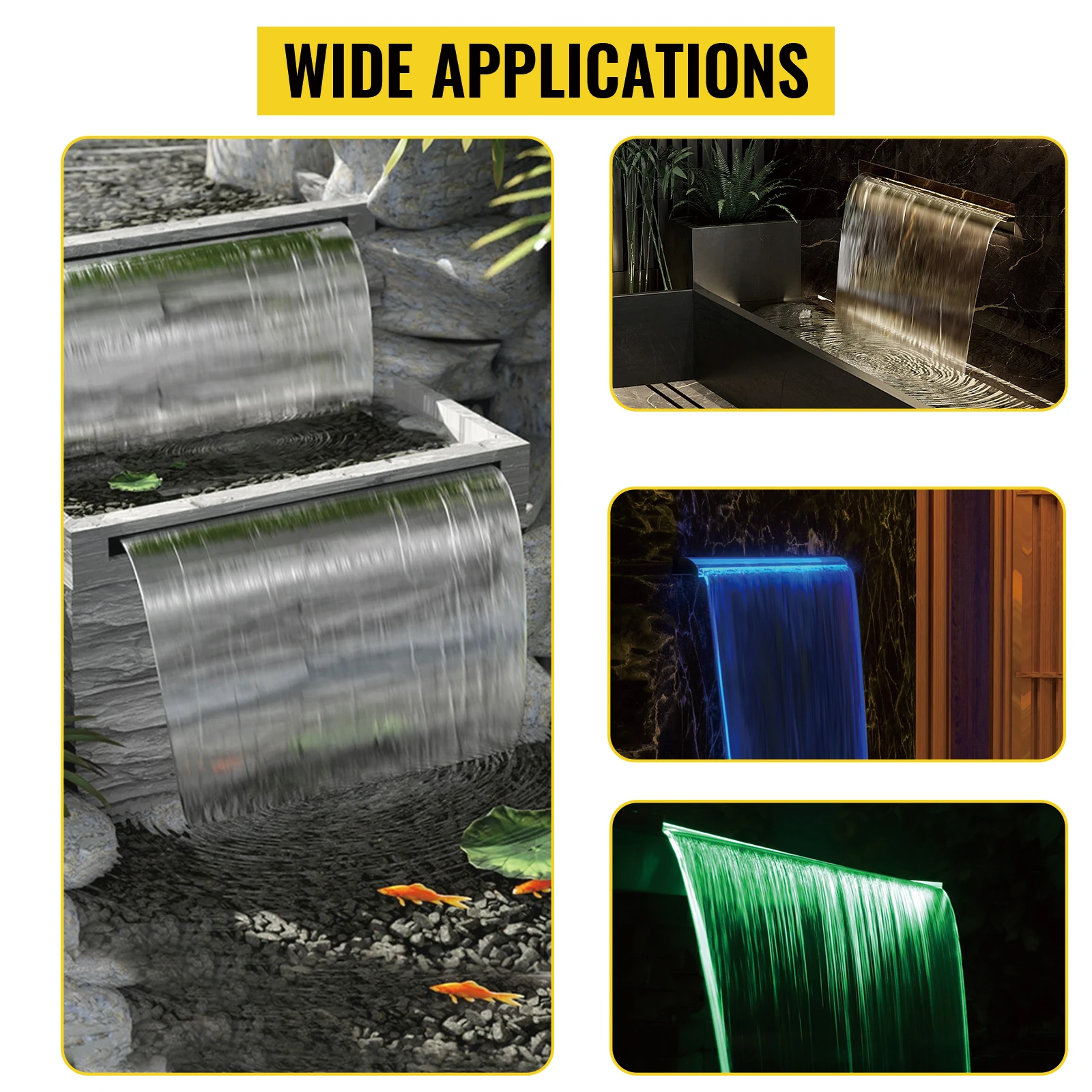 SucceBuy Pool Fountain Stainless Steel Pool Waterfall with LED Strip Light Waterfall Spillway Rectangular Garden Outdoor