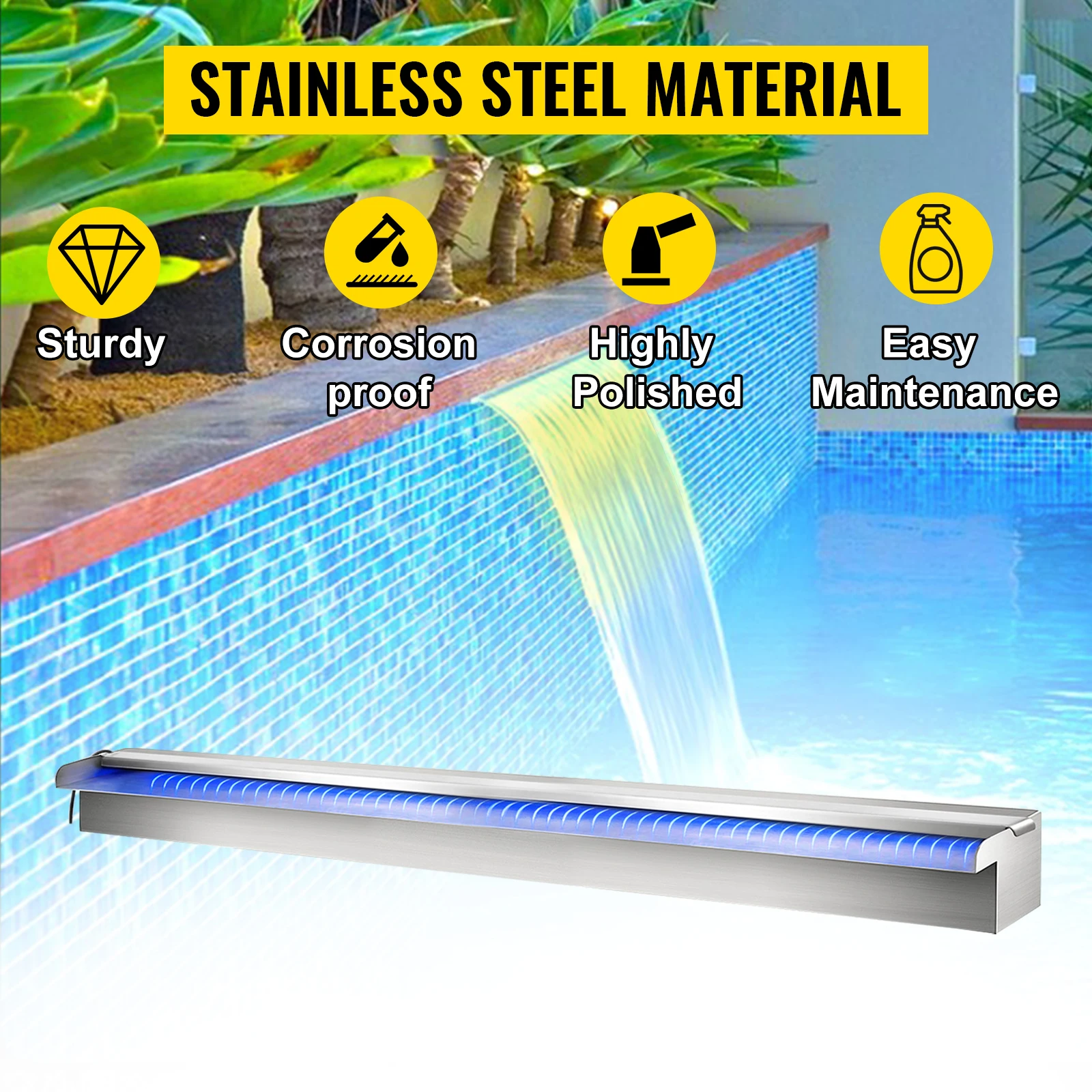 SucceBuy Pool Fountain Stainless Steel Pool Waterfall with LED Strip Light Waterfall Spillway Rectangular Garden Outdoor