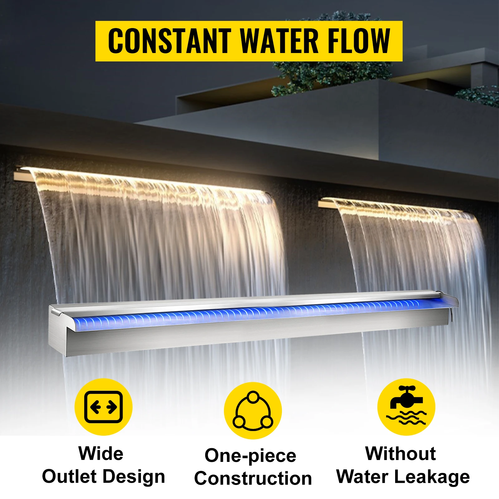 SucceBuy Pool Fountain Stainless Steel Pool Waterfall with LED Strip Light Waterfall Spillway Rectangular Garden Outdoor