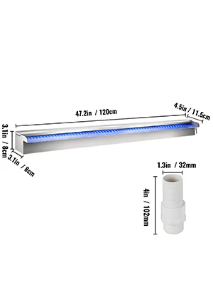 SucceBuy Pool Fountain Stainless Steel Pool Waterfall with LED Strip Light Waterfall Spillway Rectangular Garden Outdoor