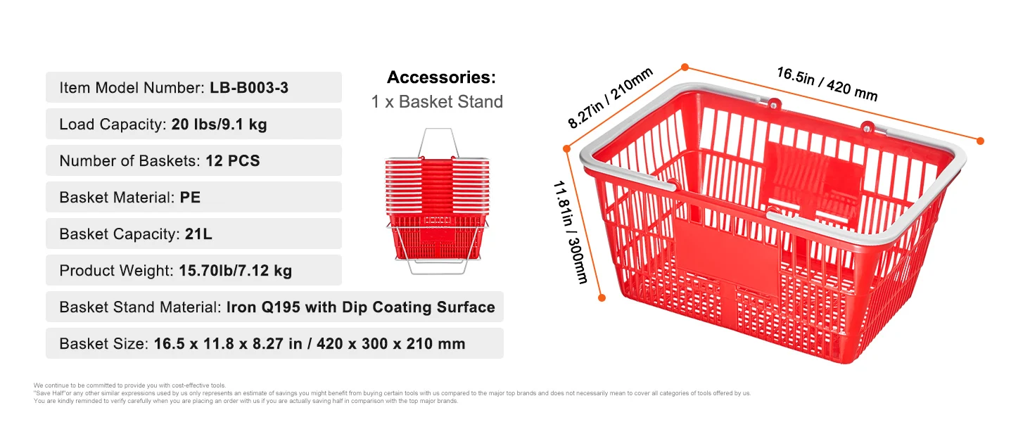 SucceBuy 12PCS Shopping Basket 21L Plastic Grocery Basket with Handle Portable Shop Bulk Used for Retail Store Supermarket