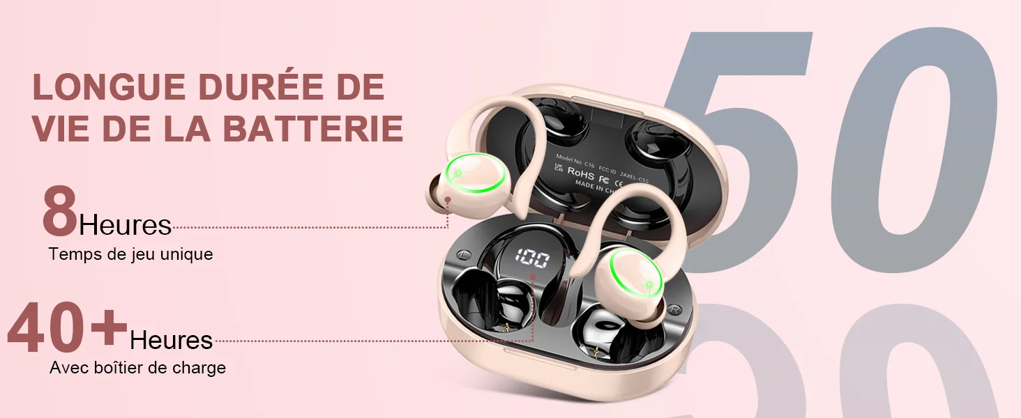 Kuizil Wireless Earbuds Sports, Bluetooth Headphones 5.3, 4 ENC Noise Cancelling Mic, IP7 Waterproof Headset, 50H Playback.