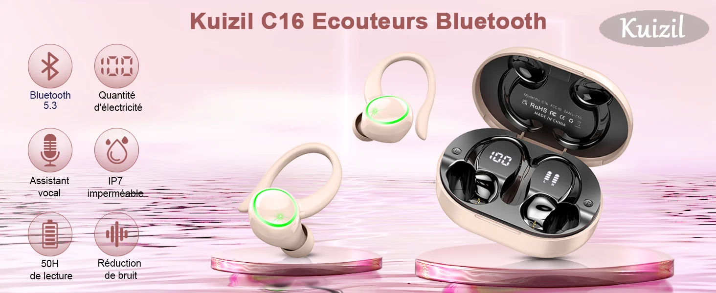 Kuizil Wireless Earbuds Sports, Bluetooth Headphones 5.3, 4 ENC Noise Cancelling Mic, IP7 Waterproof Headset, 50H Playback.