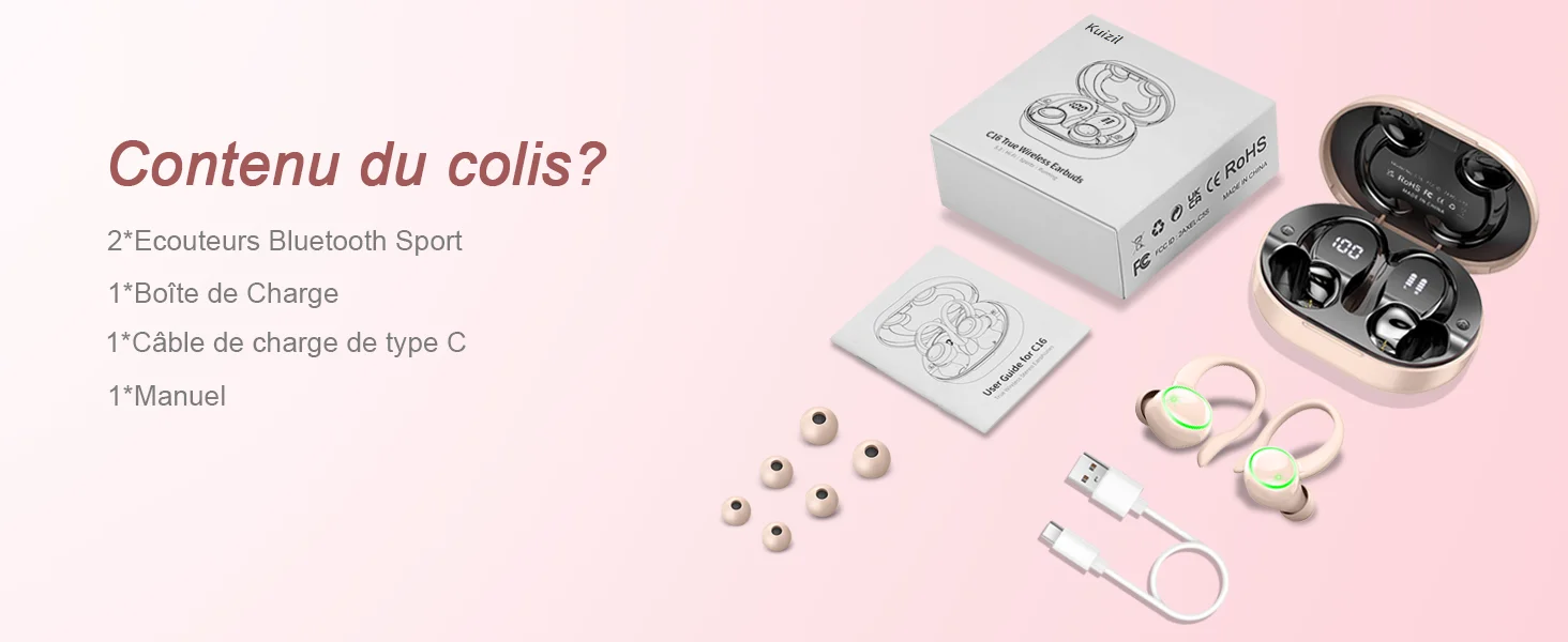 Kuizil Wireless Earbuds Sports, Bluetooth Headphones 5.3, 4 ENC Noise Cancelling Mic, IP7 Waterproof Headset, 50H Playback.