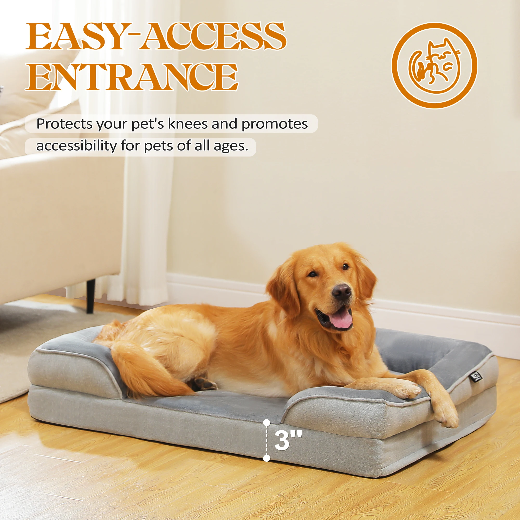 Large Dog Bed with Removable Cover, Plush Dog Sofa for Large Dogs, Washable Pet Bed with Nonskid Bottom, Pet Sleeping Mat, S-XL