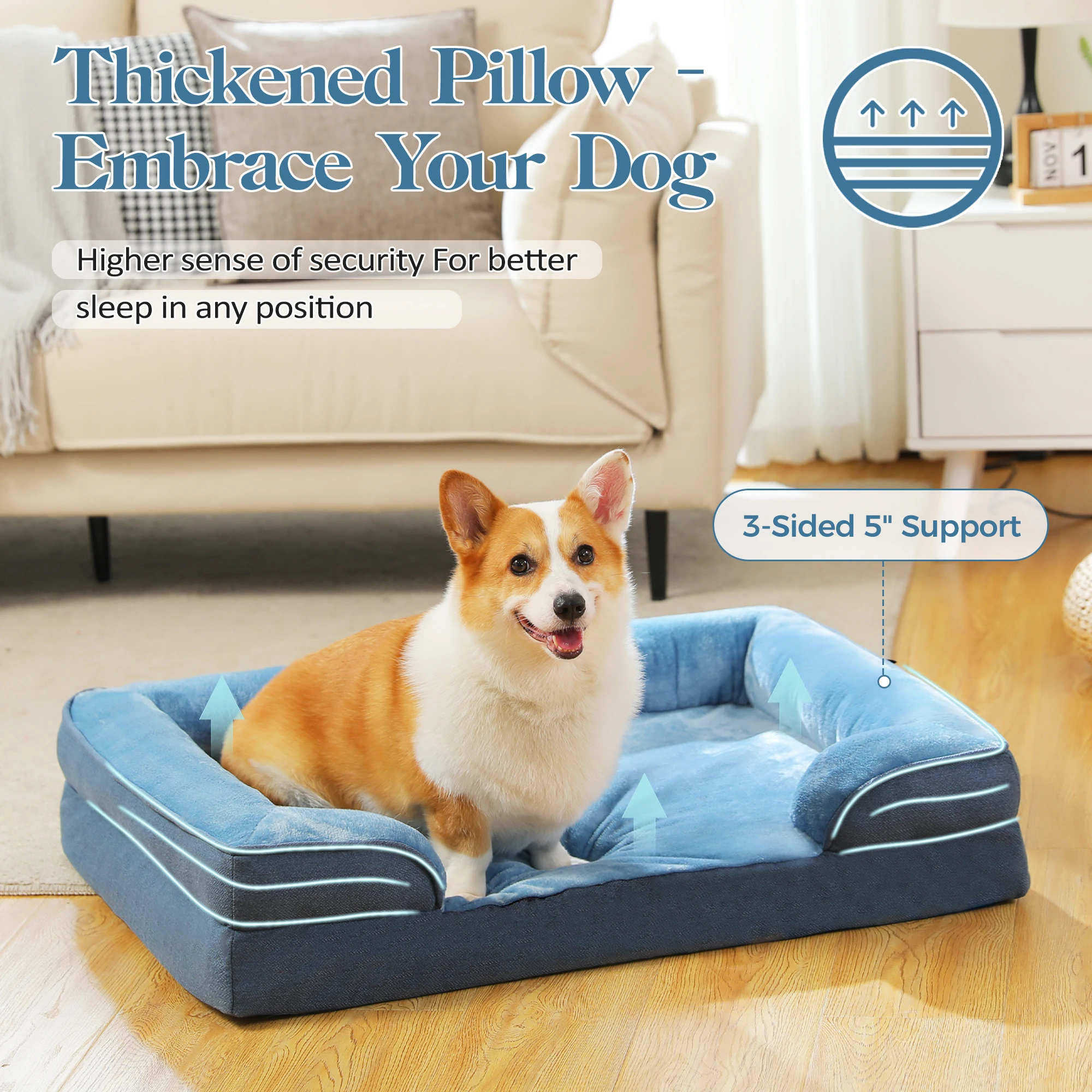 Large Dog Bed with Removable Cover, Plush Dog Sofa for Large Dogs, Washable Pet Bed with Nonskid Bottom, Pet Sleeping Mat, S-XL